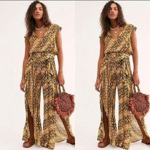 Free People Yellow Brown Printed Wide-Leg Jumpsuit